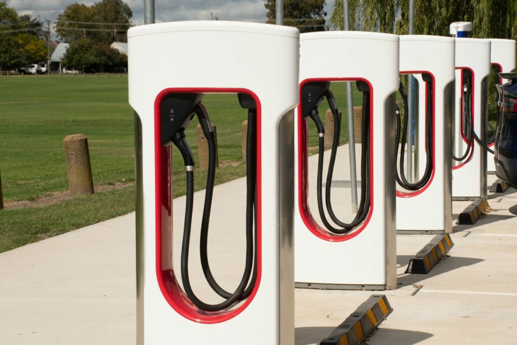 electric car chargers in a row